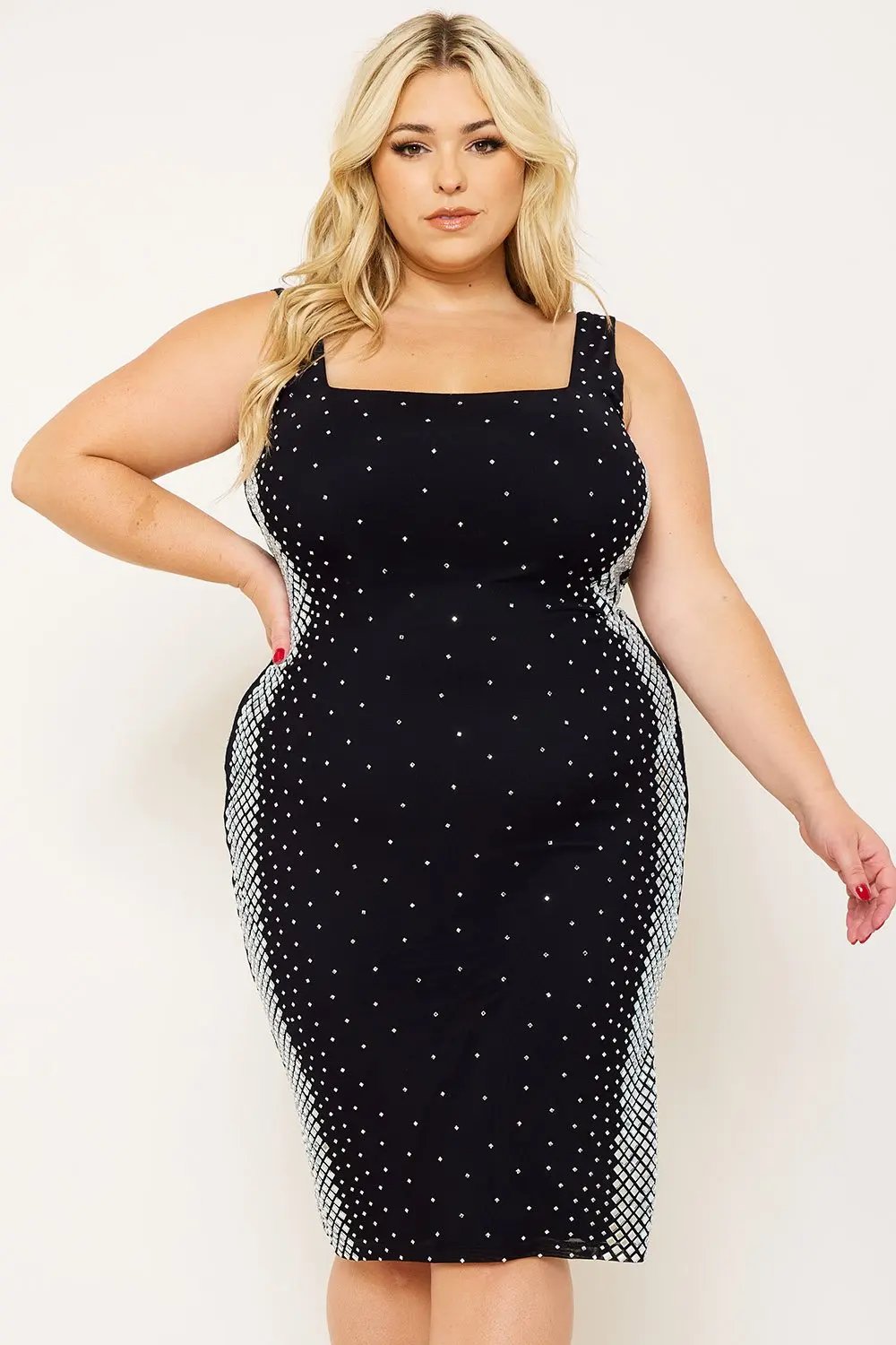 Plus Size Midi Dress - Square Neck Slip On Dress With Rhinestone Side BOUTINIE