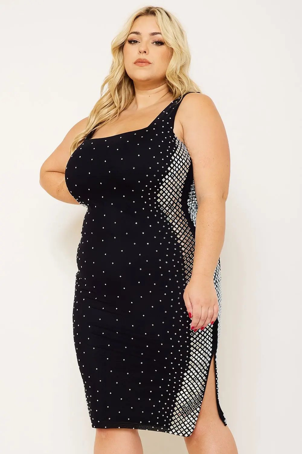 Plus Size Midi Dress - Square Neck Slip On Dress With Rhinestone Side BOUTINIE