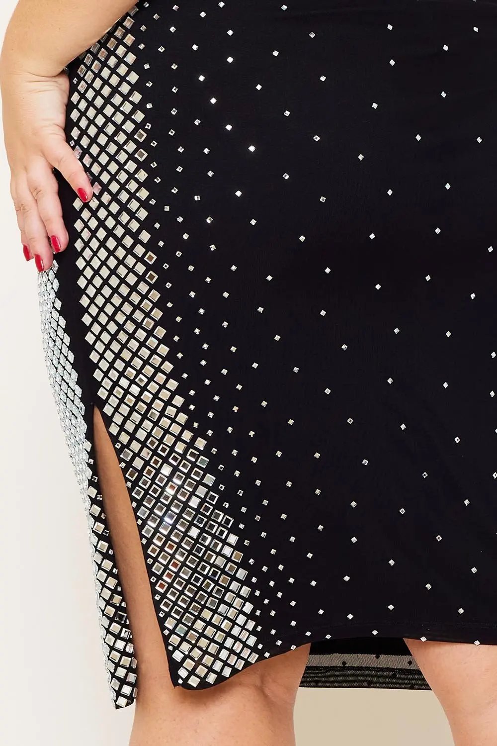 Plus Size Midi Dress - Square Neck Slip On Dress With Rhinestone Side BOUTINIE