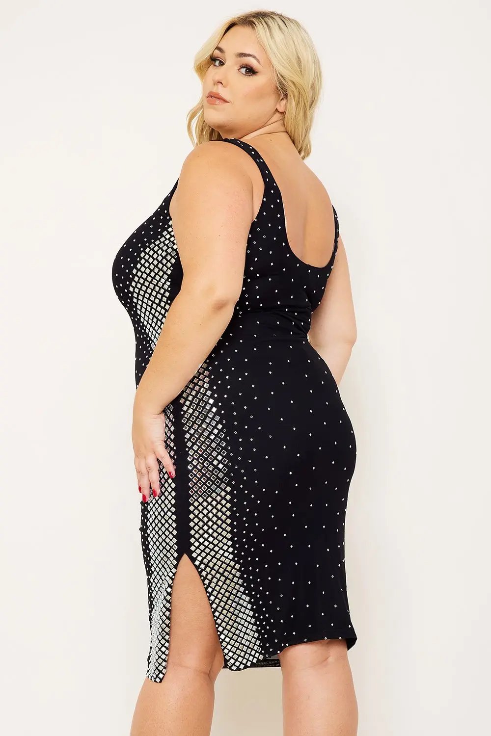 Plus Size Midi Dress - Square Neck Slip On Dress With Rhinestone Side BOUTINIE