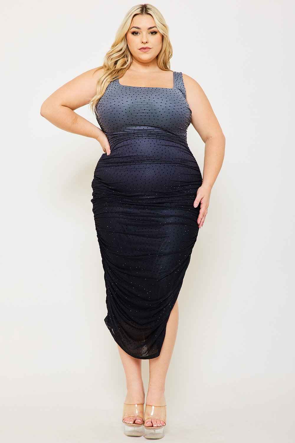 Rhinestone Ruched Slinky Plus Size Midi Dress