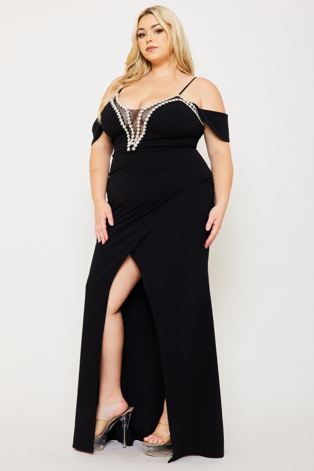 Plus Size Maxi Dress With Rhinestone Trim & Mesh Overlay - Adjustable Shoulder Strap BOUTINIE