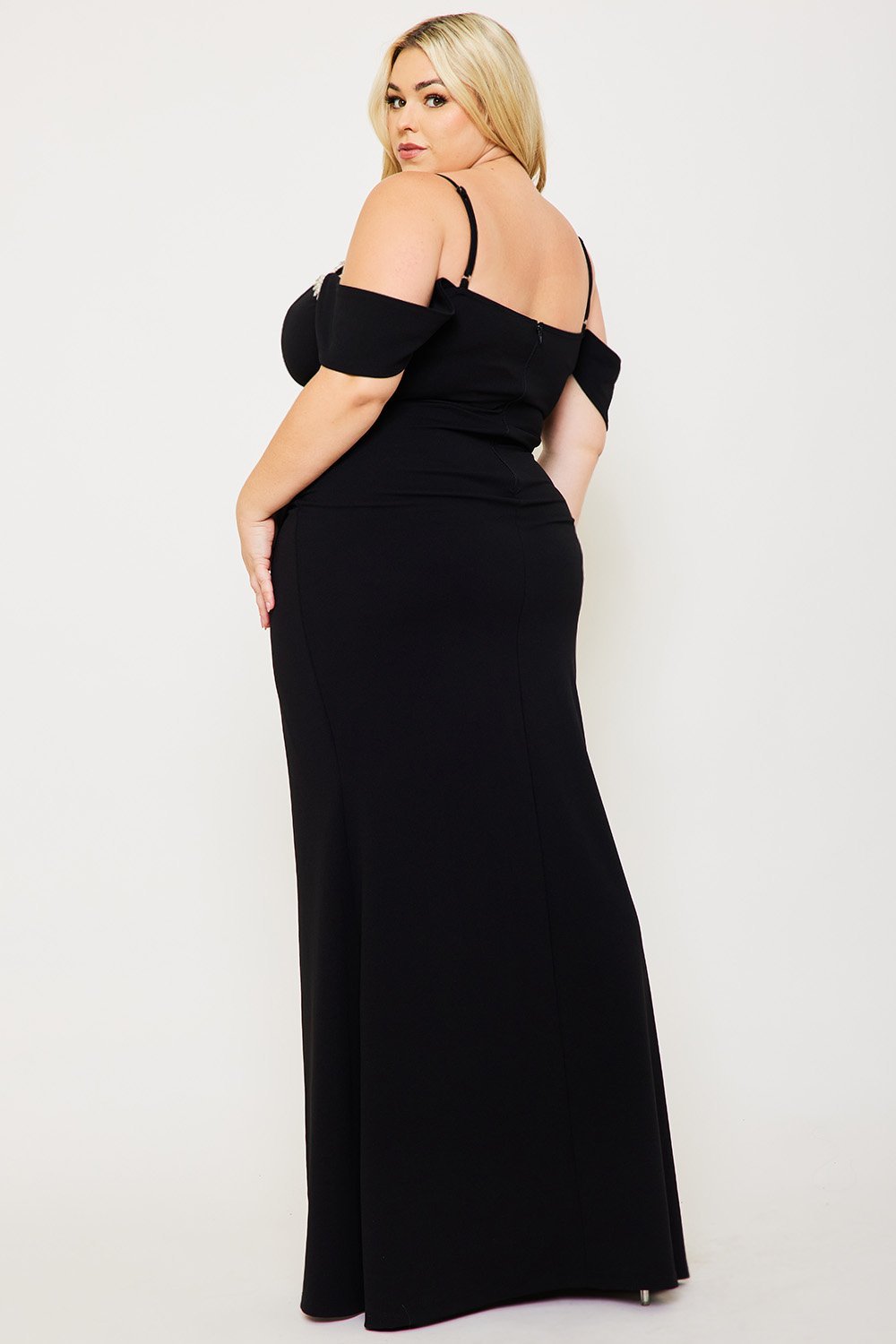 Plus Size Maxi Dress With Rhinestone Trim & Mesh Overlay - Adjustable Shoulder Strap BOUTINIE