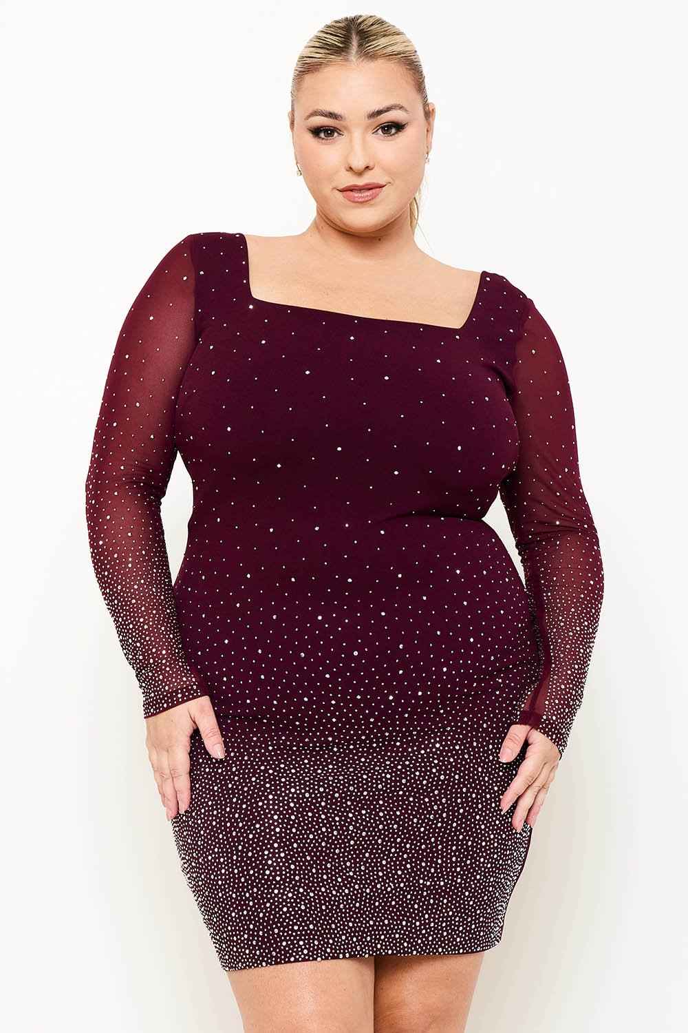 [open Packs] Ombre Rhinestone On Mesh Plus Size Mini Dress