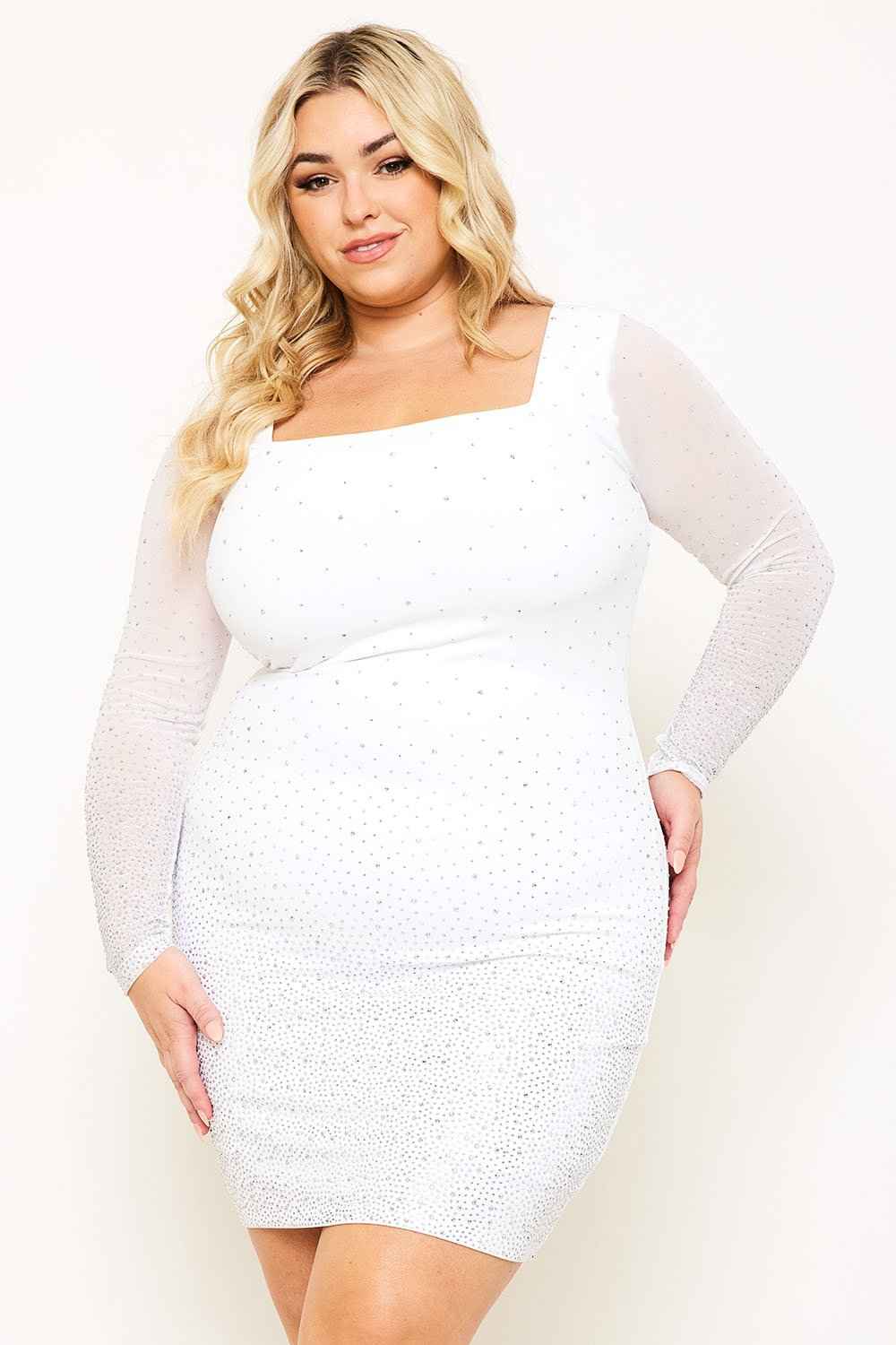 [open Packs] Ombre Rhinestone On Mesh Plus Size Mini Dress