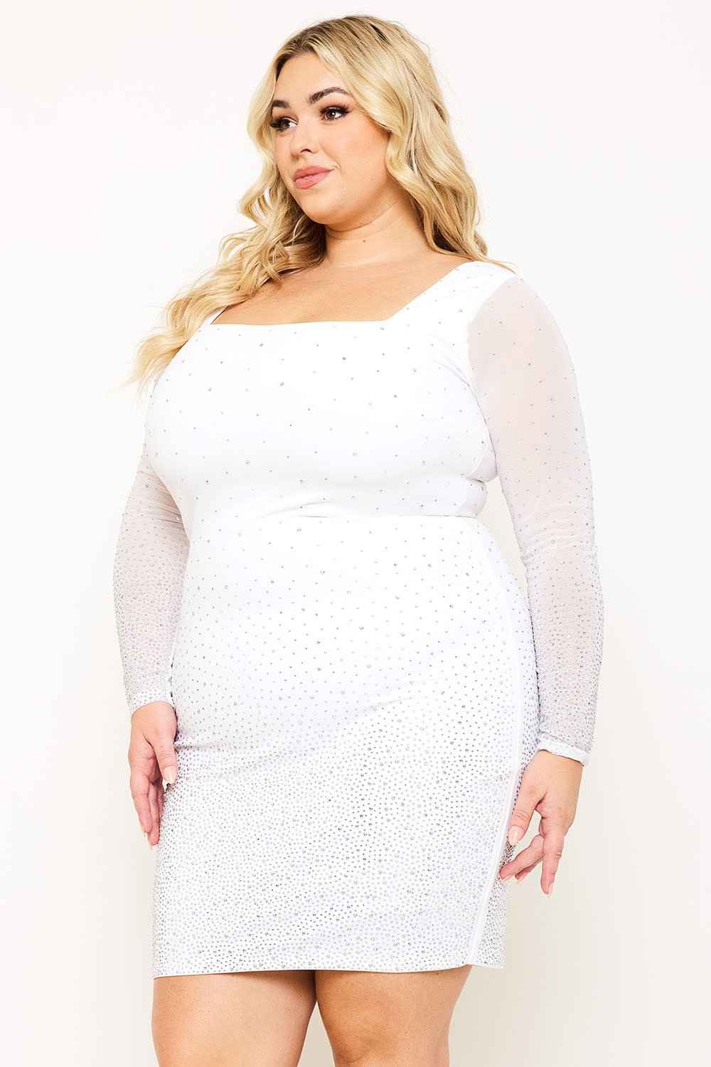 [open Packs] Ombre Rhinestone On Mesh Plus Size Mini Dress