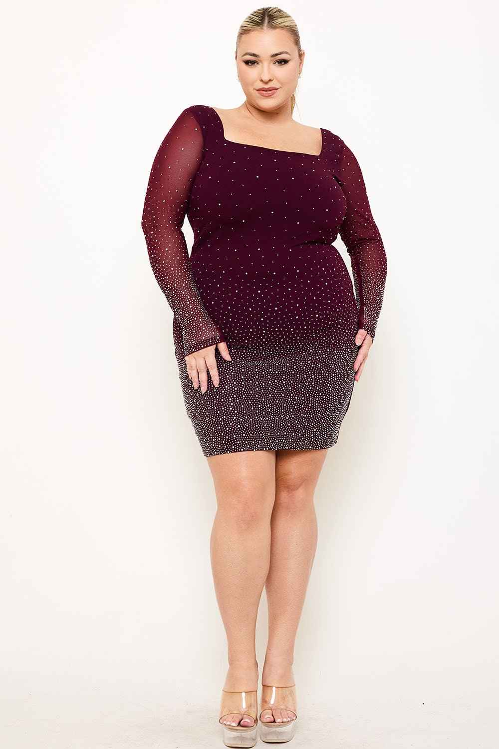 [open Packs] Ombre Rhinestone On Mesh Plus Size Mini Dress