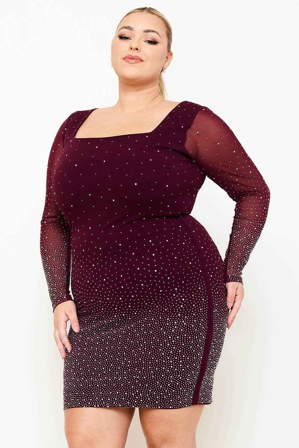 [open Packs] Ombre Rhinestone On Mesh Plus Size Mini Dress