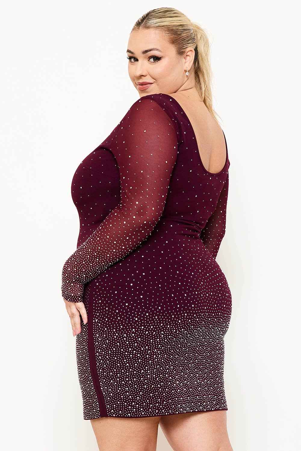 [open Packs] Ombre Rhinestone On Mesh Plus Size Mini Dress