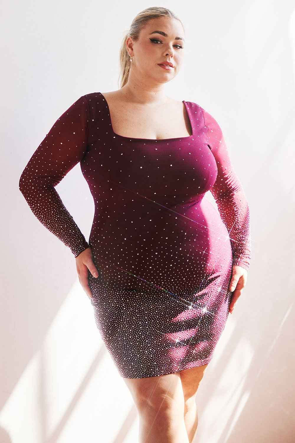 [open Packs] Ombre Rhinestone On Mesh Plus Size Mini Dress