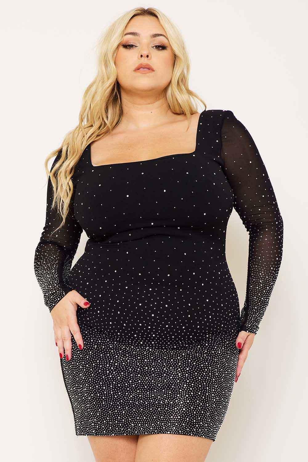 [open Packs] Ombre Rhinestone On Mesh Plus Size Mini Dress
