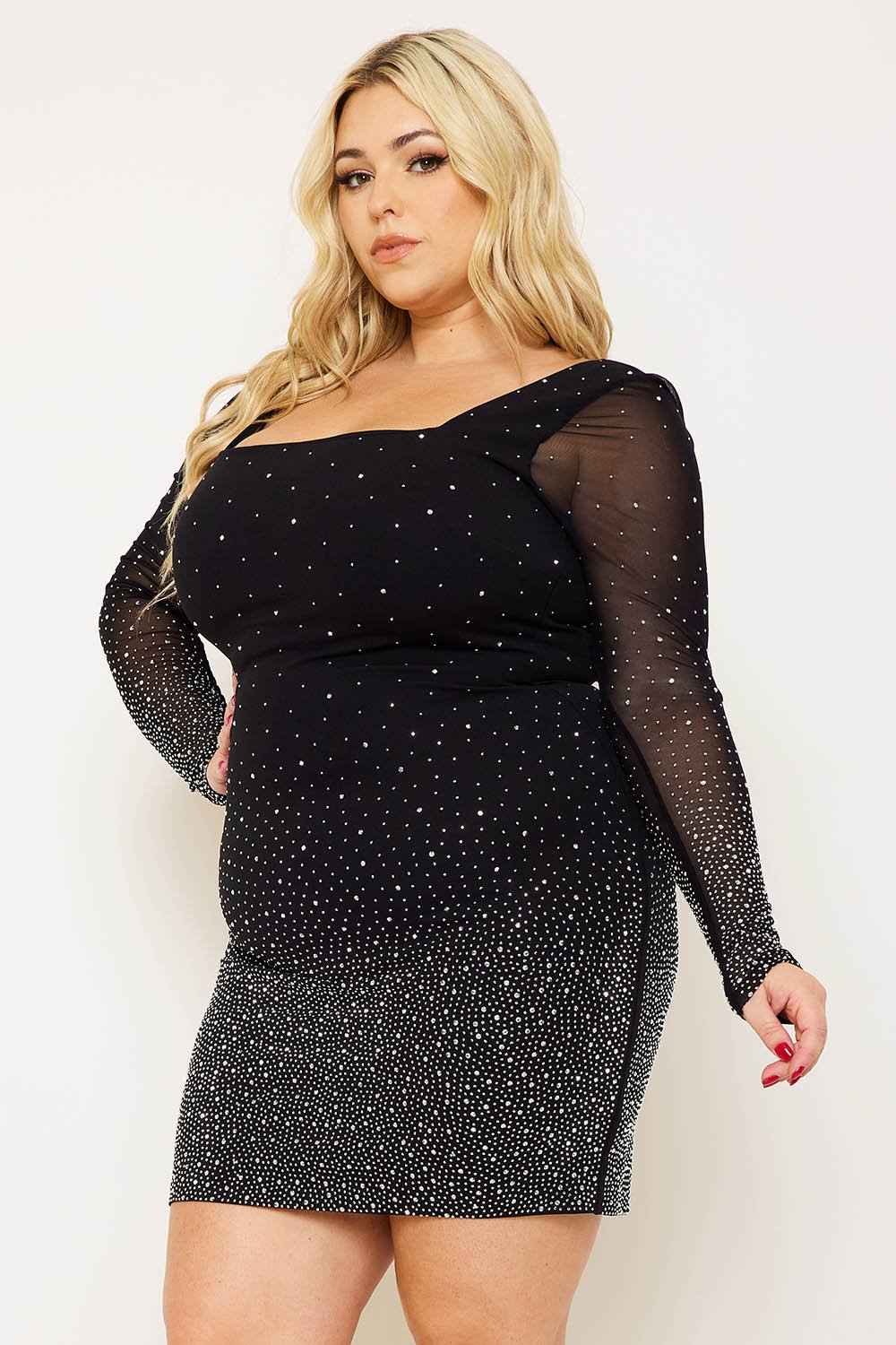 [open Packs] Ombre Rhinestone On Mesh Plus Size Mini Dress