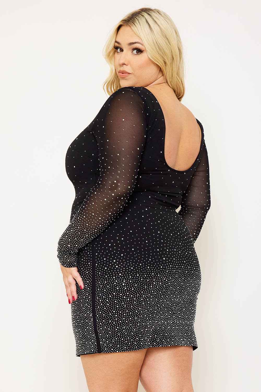[open Packs] Ombre Rhinestone On Mesh Plus Size Mini Dress