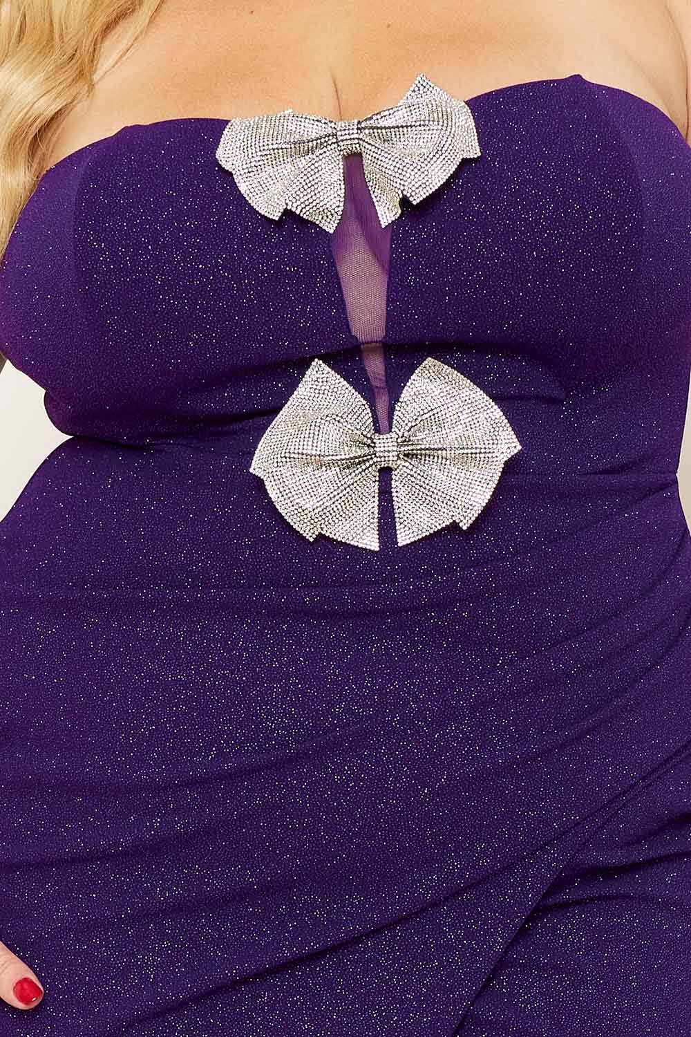 Plus Size Maxi Dress - Glittered Rhinestone Bow Front Pleated Mesh BOUTINIE