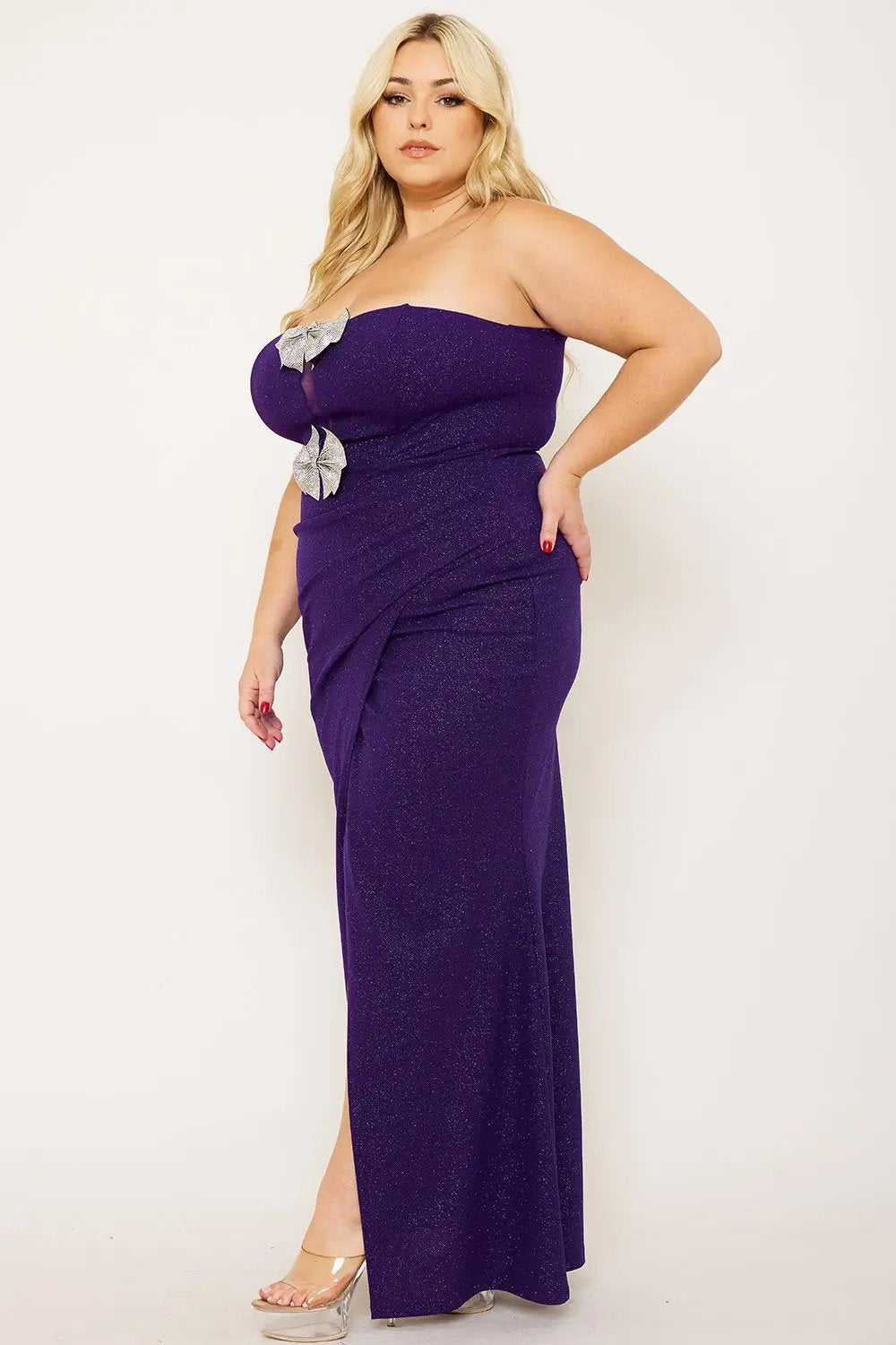 Plus Size Maxi Dress - Glittered Rhinestone Bow Front Pleated Mesh BOUTINIE