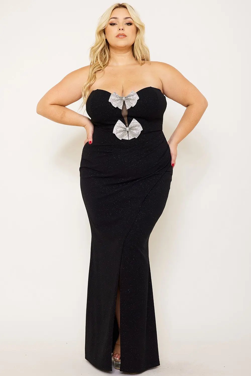 Plus Size Maxi Dress - Glittered Rhinestone Bow Front Pleated Mesh BOUTINIE