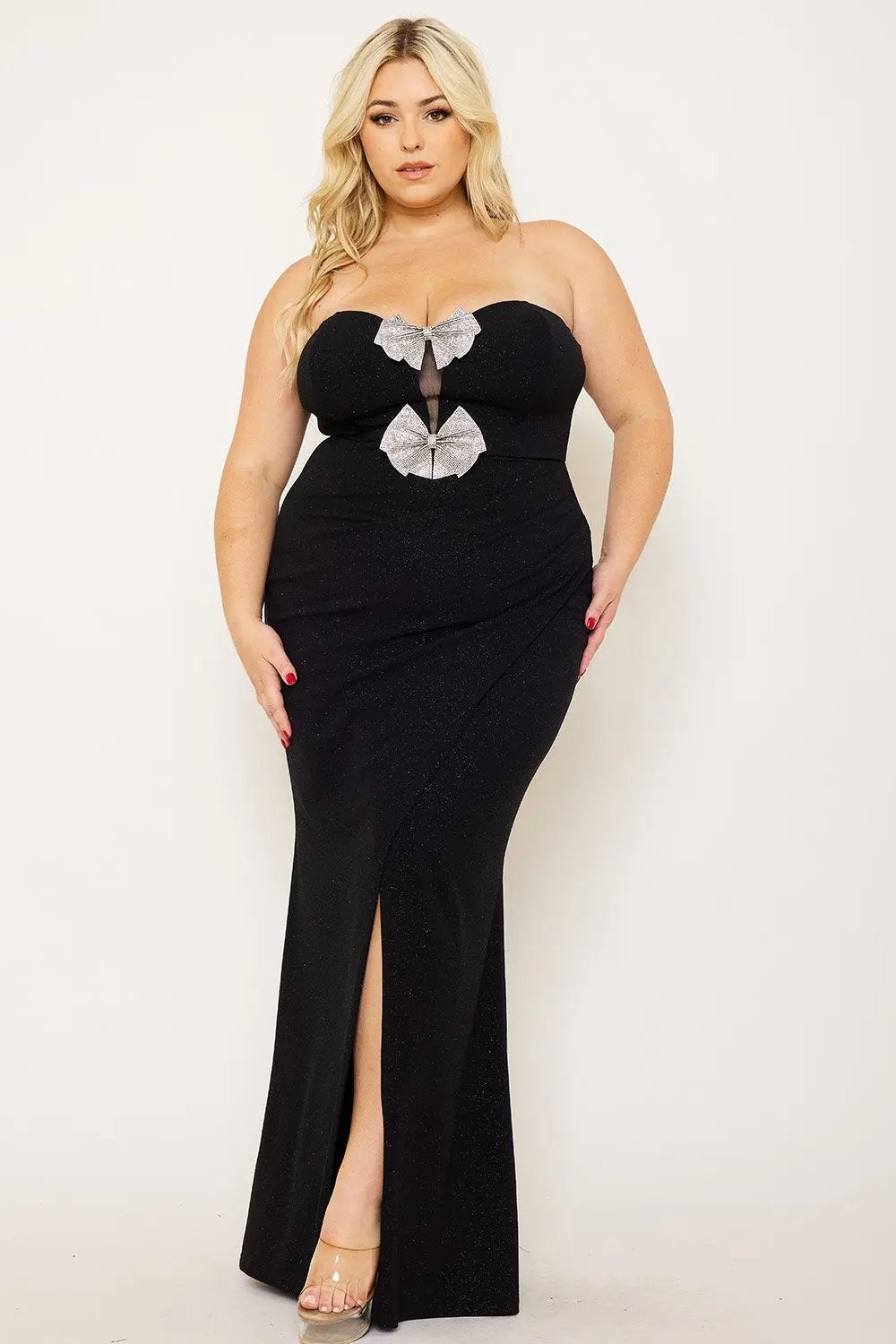 Plus Size Maxi Dress - Glittered Rhinestone Bow Front Pleated Mesh BOUTINIE