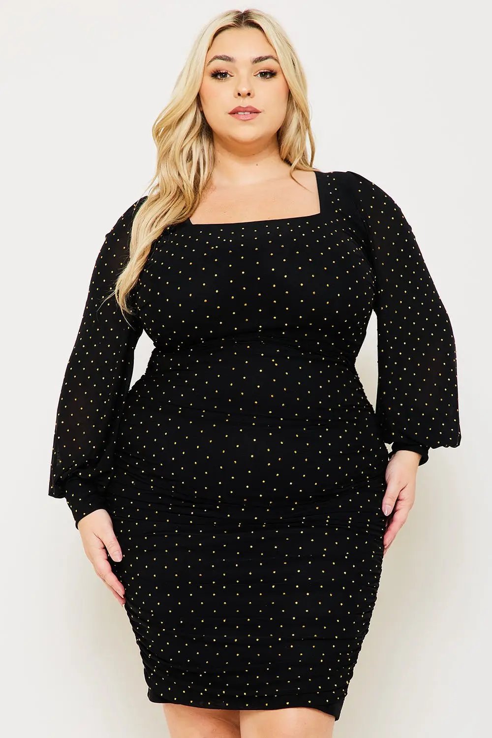 Plus Size Maxi Dress - Rhinestone Square Neck Balloon Sleeve Elegant Fit BOUTINIE