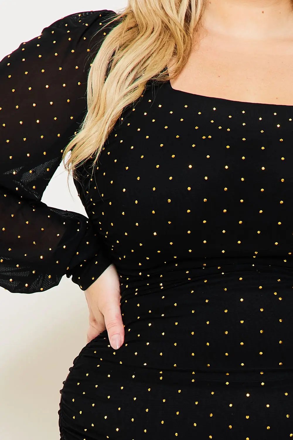 Plus Size Maxi Dress - Rhinestone Square Neck Balloon Sleeve Elegant Fit BOUTINIE