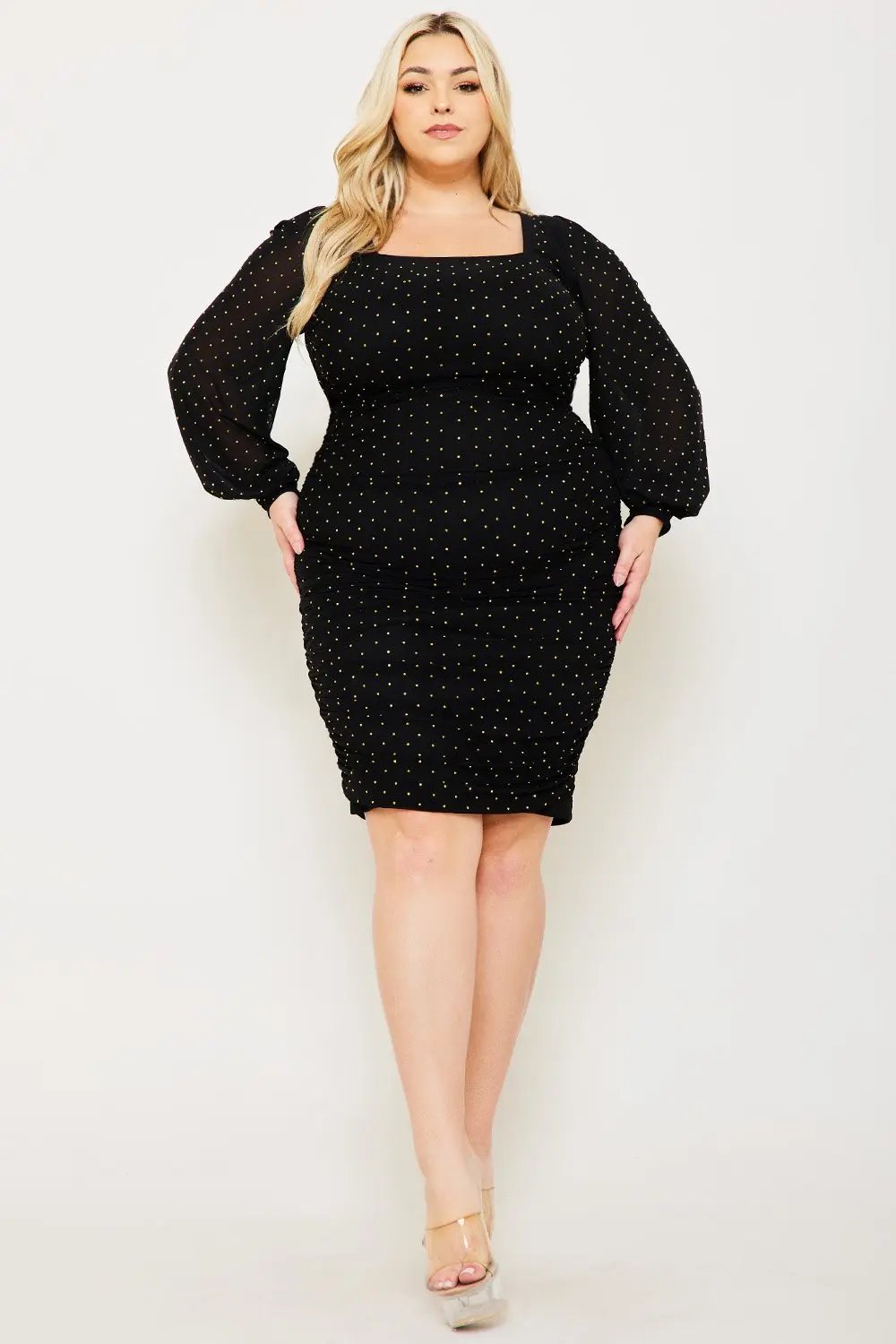 Plus Size Maxi Dress - Rhinestone Square Neck Balloon Sleeve Elegant Fit BOUTINIE