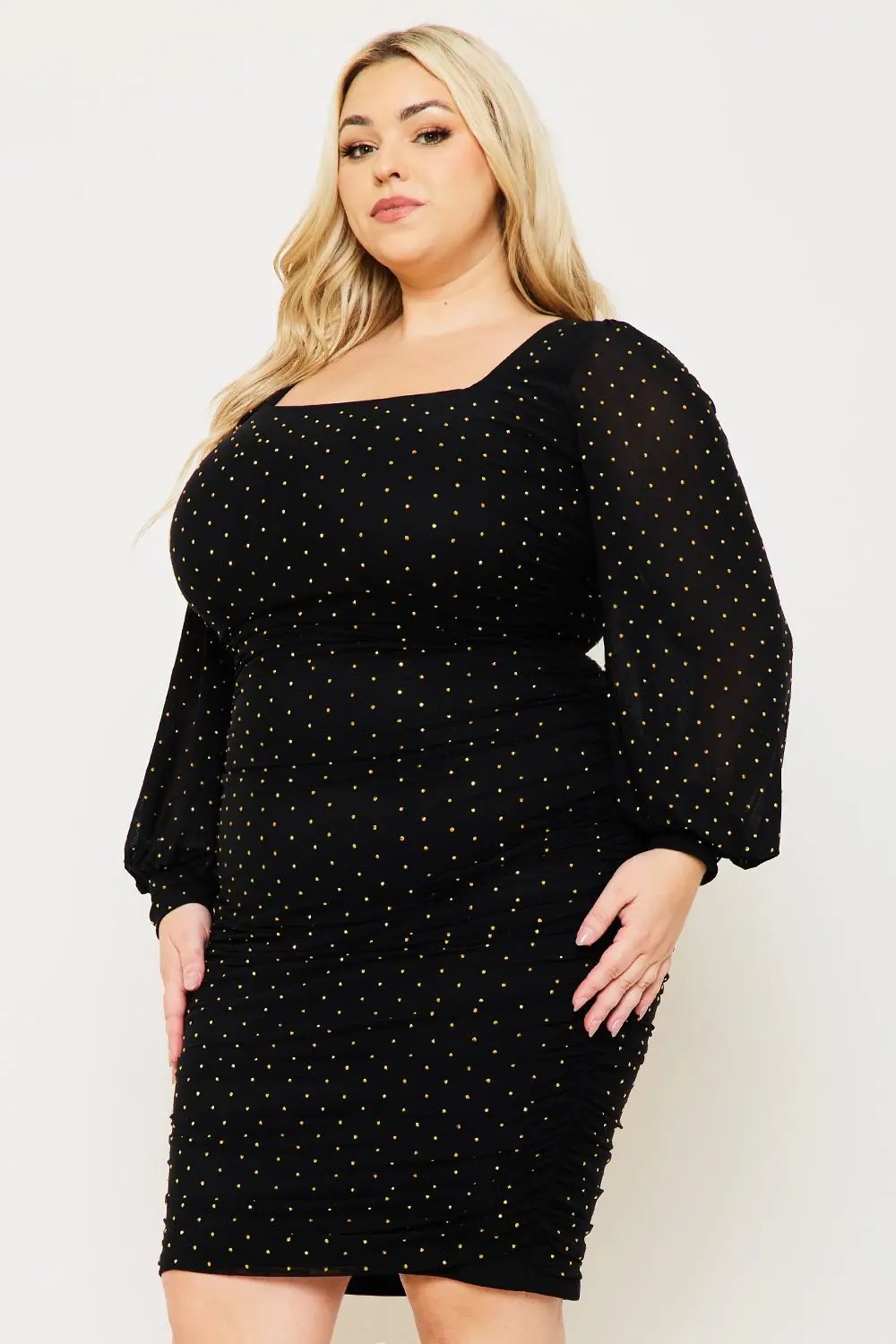 Plus Size Maxi Dress - Rhinestone Square Neck Balloon Sleeve Elegant Fit BOUTINIE