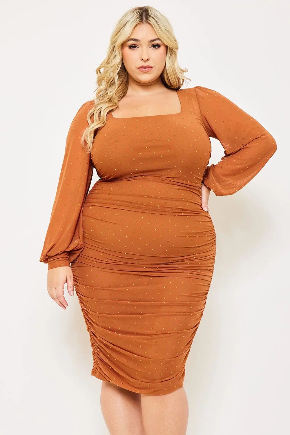 Plus Size Maxi Dress - Rhinestone Square Neck Balloon Sleeve Elegant Fit BOUTINIE