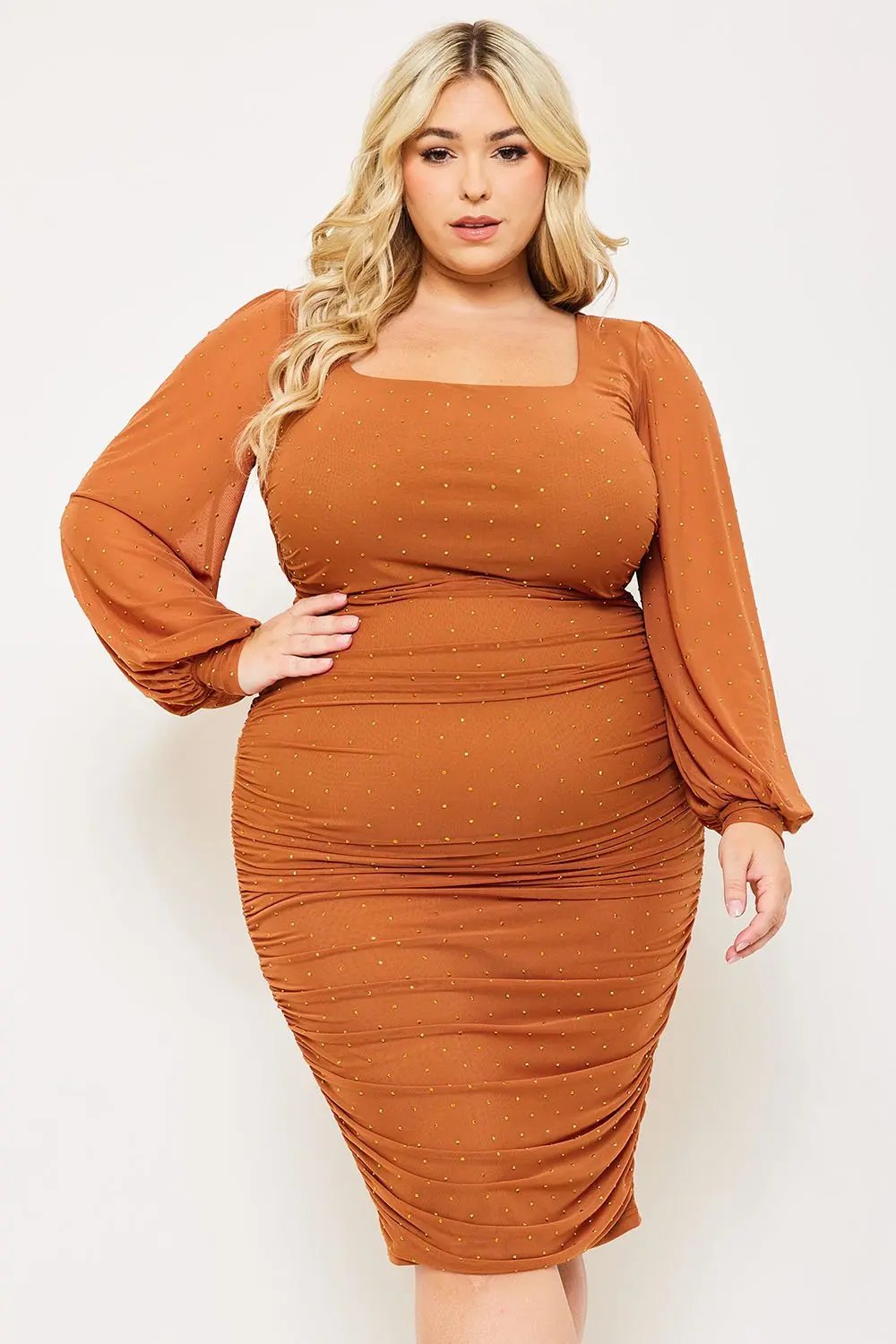 Plus Size Maxi Dress - Rhinestone Square Neck Balloon Sleeve Elegant Fit BOUTINIE