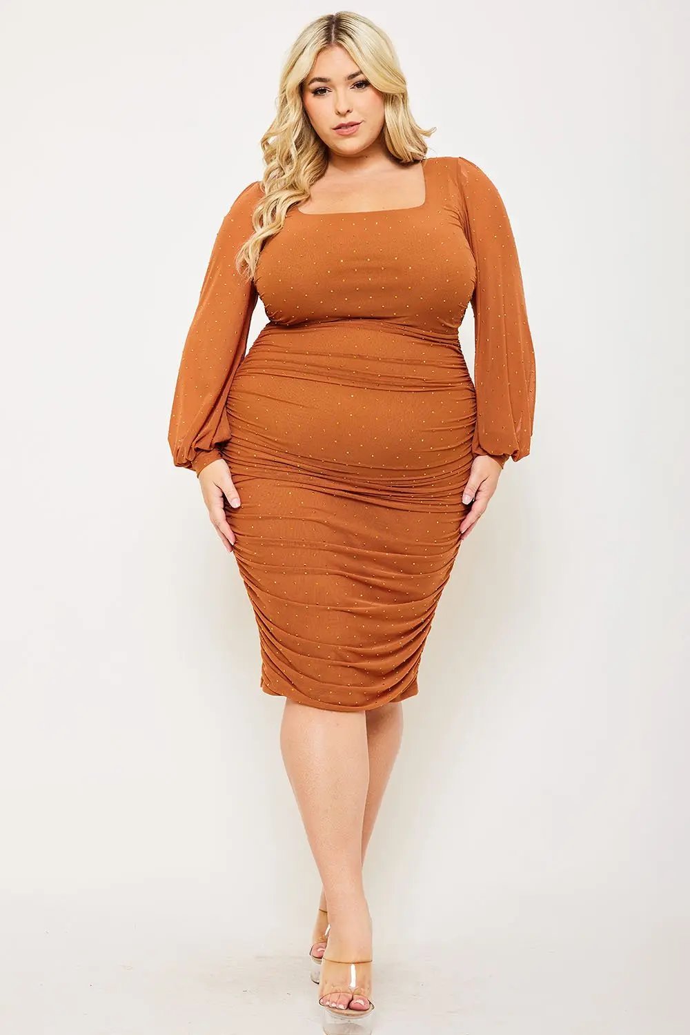 Plus Size Maxi Dress - Rhinestone Square Neck Balloon Sleeve Elegant Fit BOUTINIE