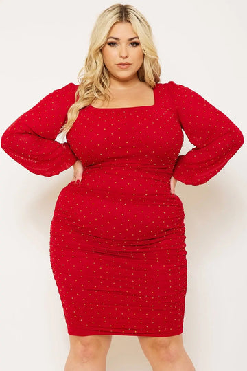 Plus Size Maxi Dress - Rhinestone Square Neck Balloon Sleeve Elegant Fit BOUTINIE