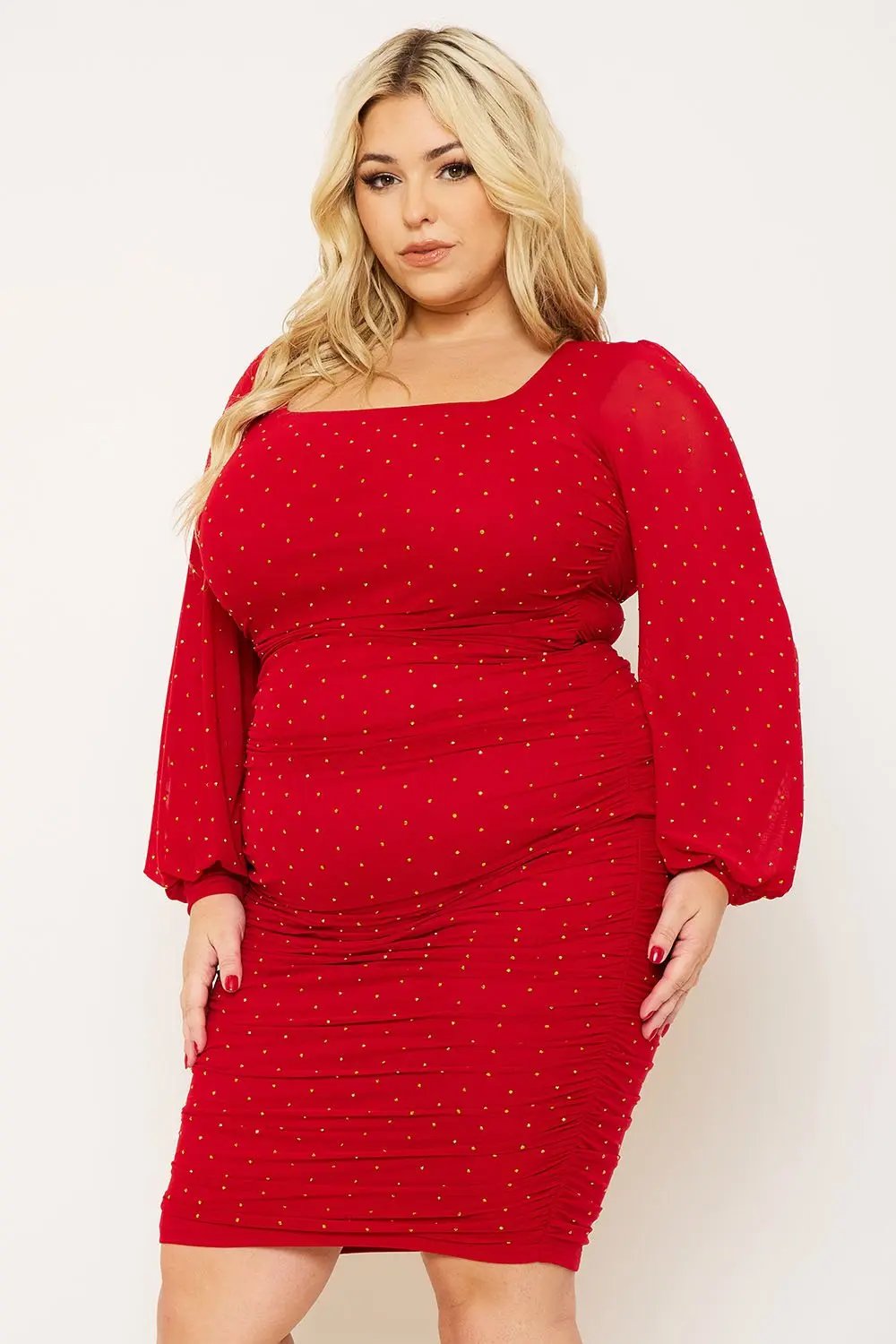 Plus Size Maxi Dress - Rhinestone Square Neck Balloon Sleeve Elegant Fit BOUTINIE