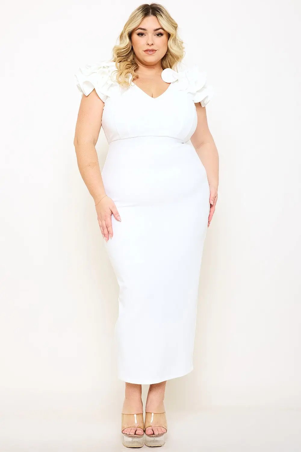 Plus Size Midi Dress – Elegant V Neck Ruffle Shoulder Detail BOUTINIE