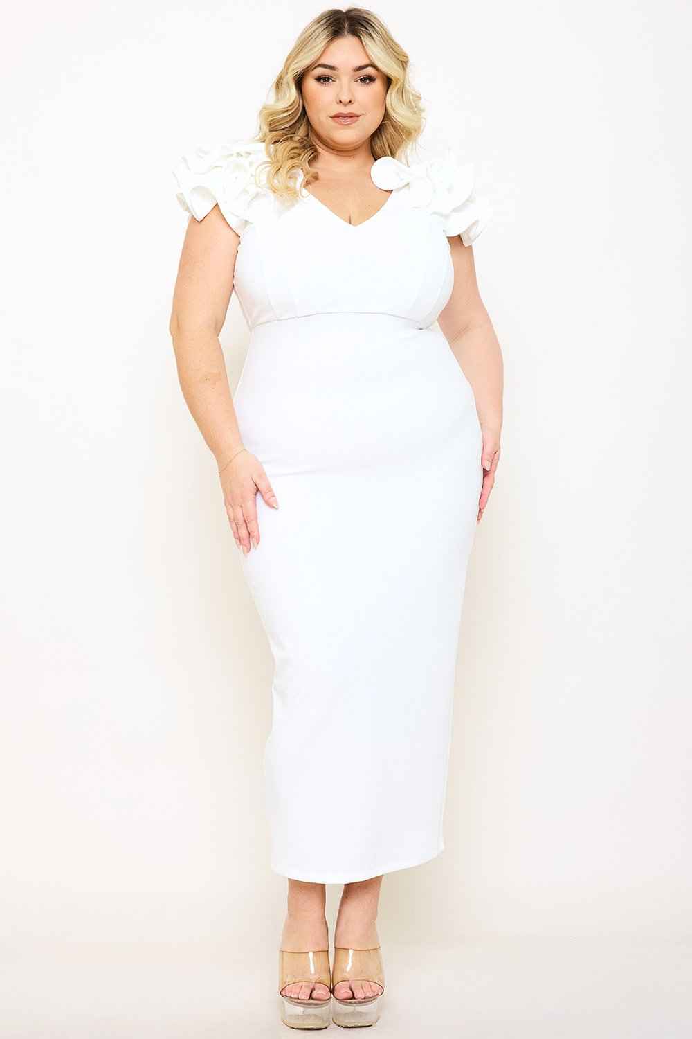 Ruffle Detail Shoulder Plus Size Midi Dress