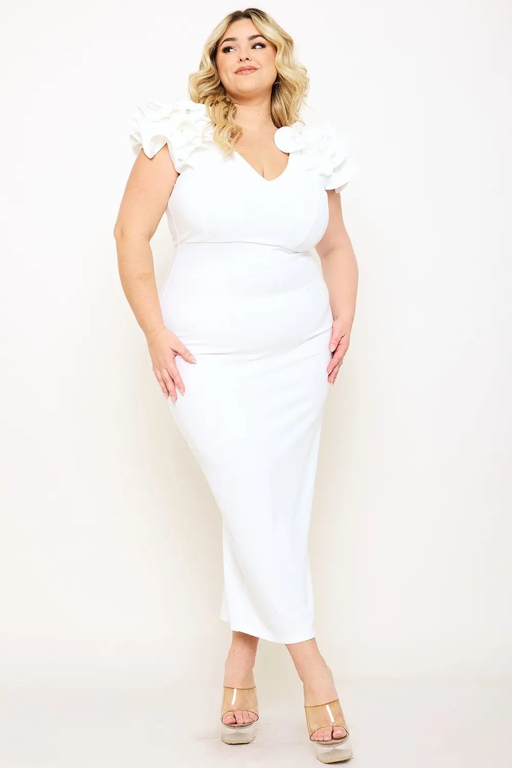 Plus Size Midi Dress – Elegant V Neck Ruffle Shoulder Detail BOUTINIE