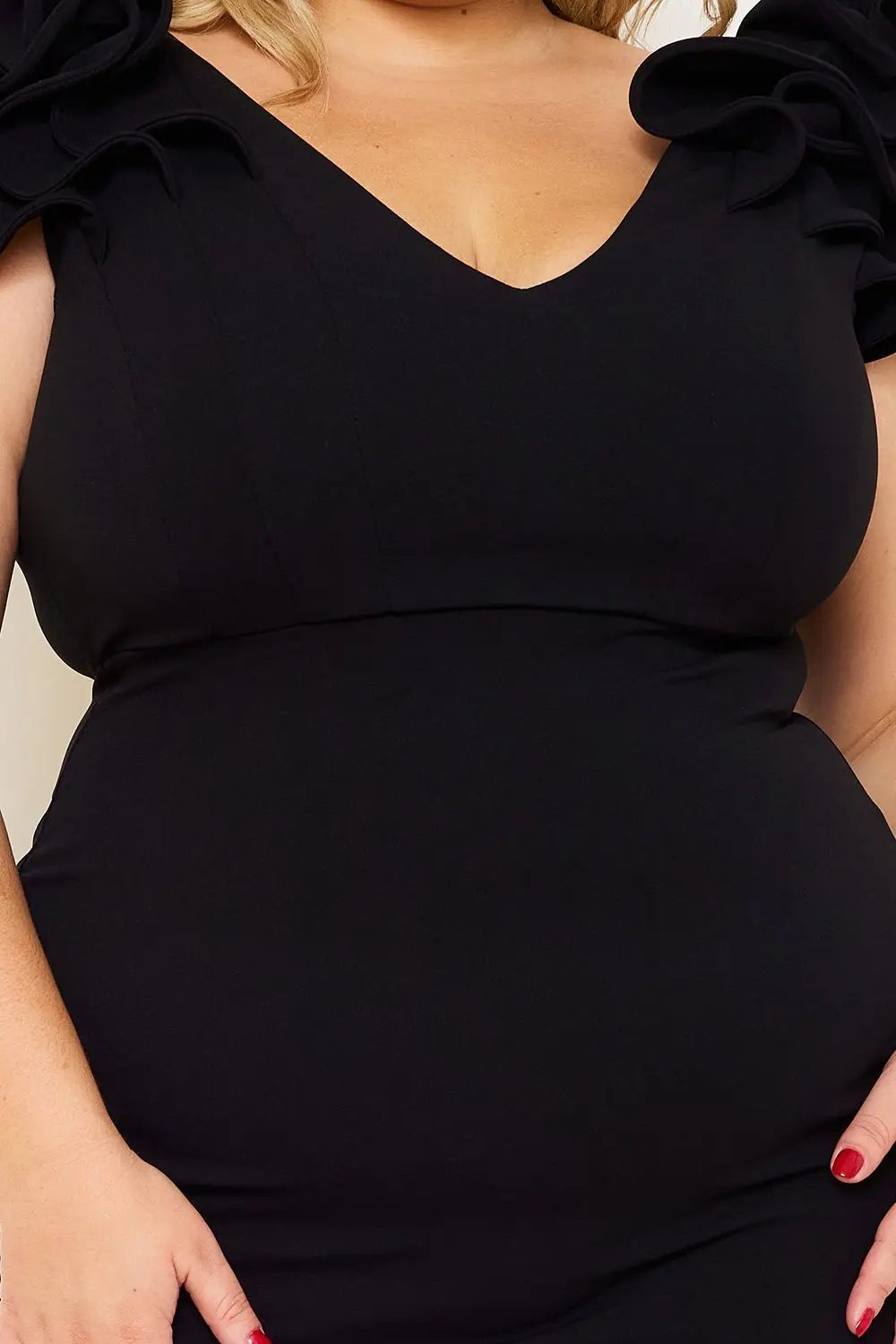 Plus Size Midi Dress – Elegant V Neck Ruffle Shoulder Detail BOUTINIE