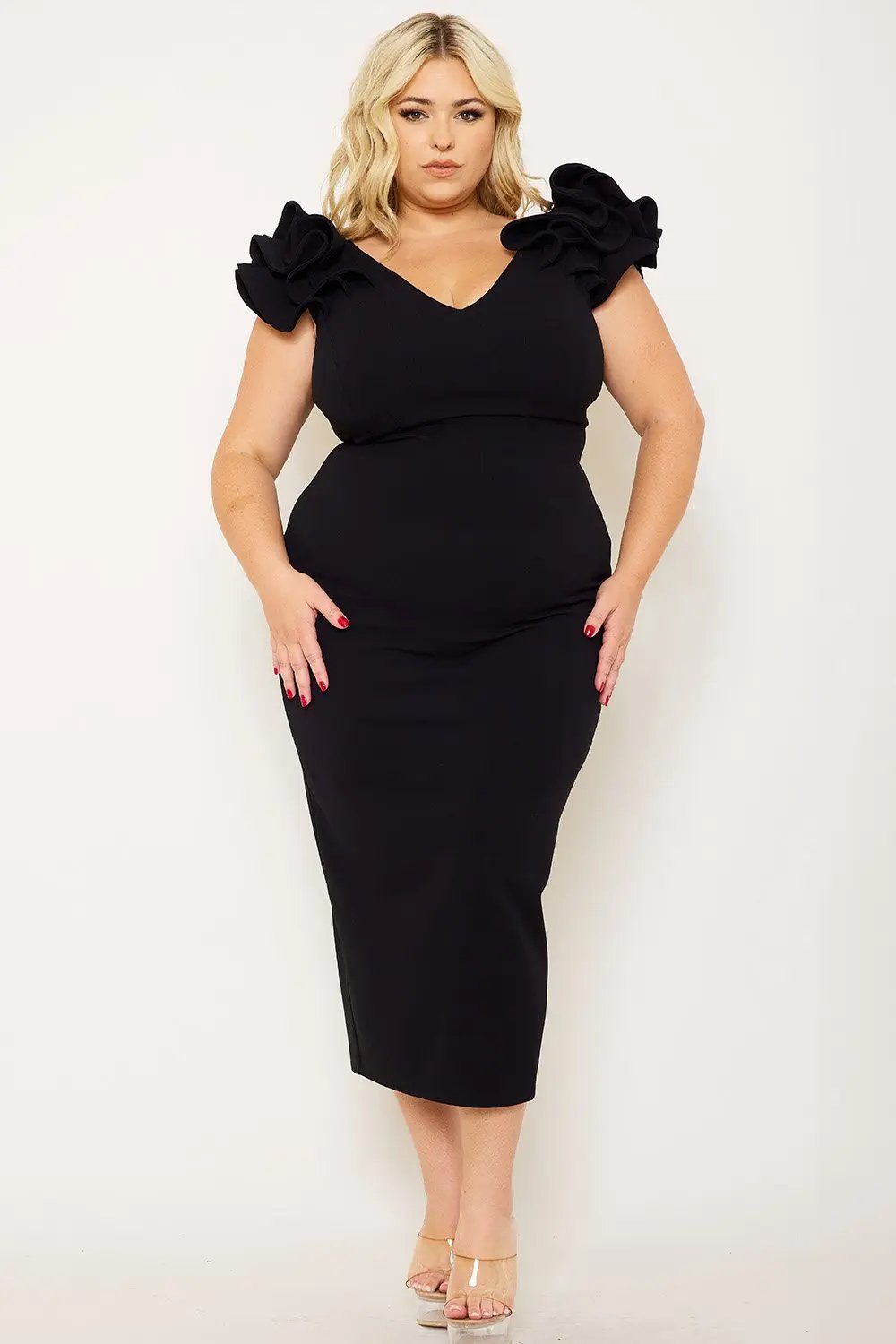 Plus Size Midi Dress – Elegant V Neck Ruffle Shoulder Detail BOUTINIE