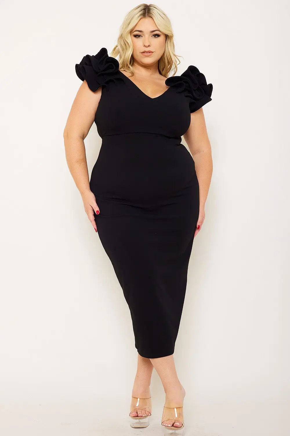 Plus Size Midi Dress – Elegant V Neck Ruffle Shoulder Detail BOUTINIE