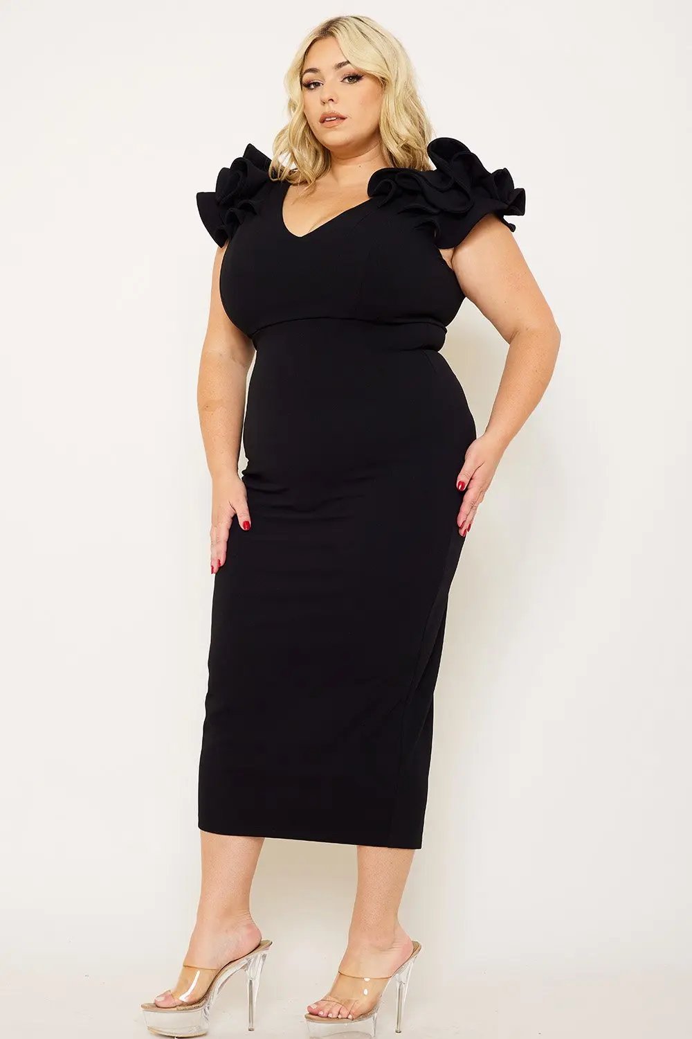 Plus Size Midi Dress – Elegant V Neck Ruffle Shoulder Detail BOUTINIE