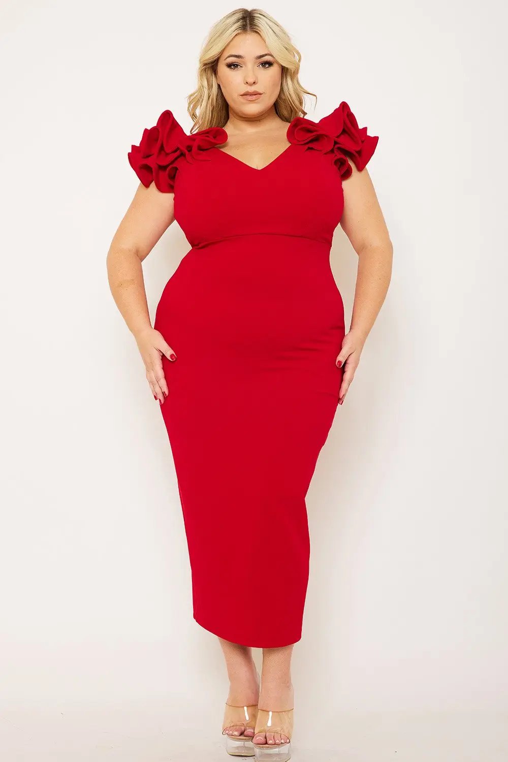 Plus Size Midi Dress – Elegant V Neck Ruffle Shoulder Detail BOUTINIE