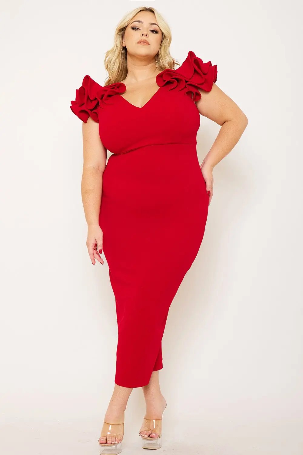 Plus Size Midi Dress – Elegant V Neck Ruffle Shoulder Detail BOUTINIE