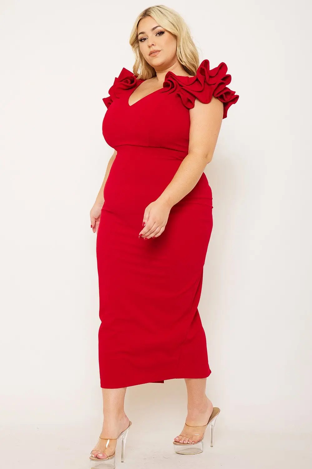 Plus Size Midi Dress – Elegant V Neck Ruffle Shoulder Detail BOUTINIE