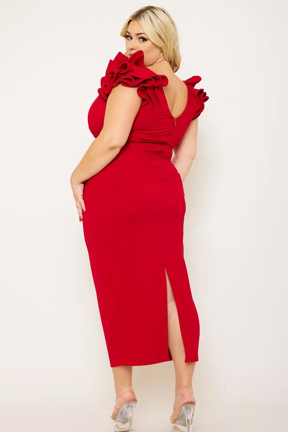 Plus Size Midi Dress – Elegant V Neck Ruffle Shoulder Detail BOUTINIE