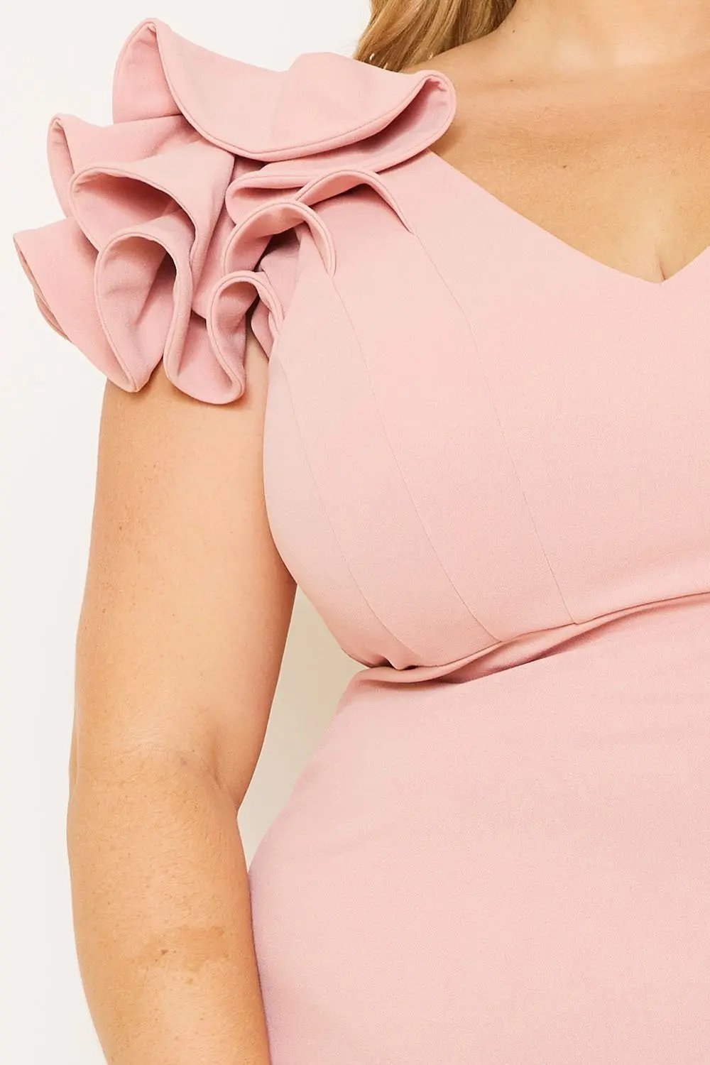 Plus Size Midi Dress – Elegant V Neck Ruffle Shoulder Detail BOUTINIE
