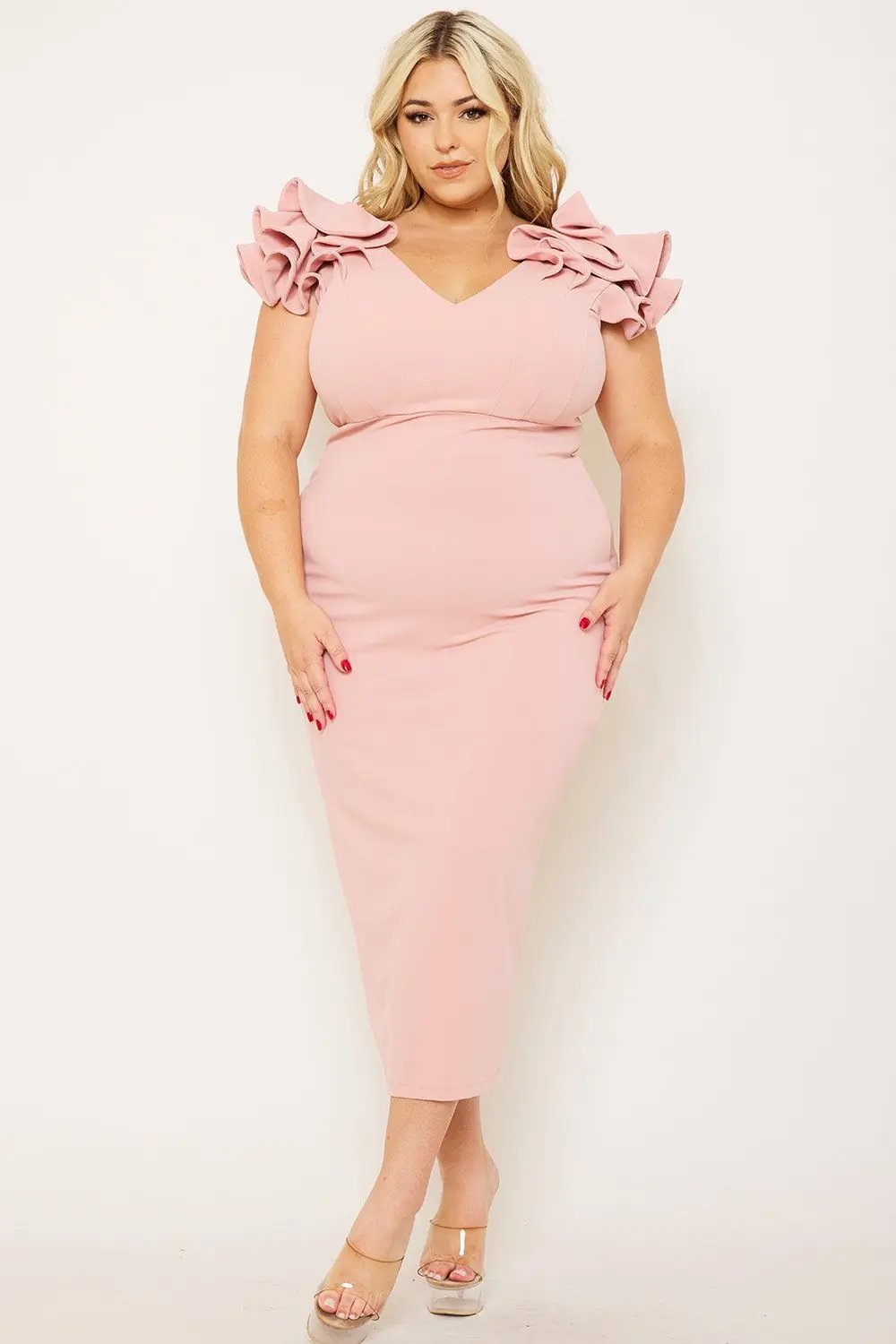 Plus Size Midi Dress – Elegant V Neck Ruffle Shoulder Detail BOUTINIE