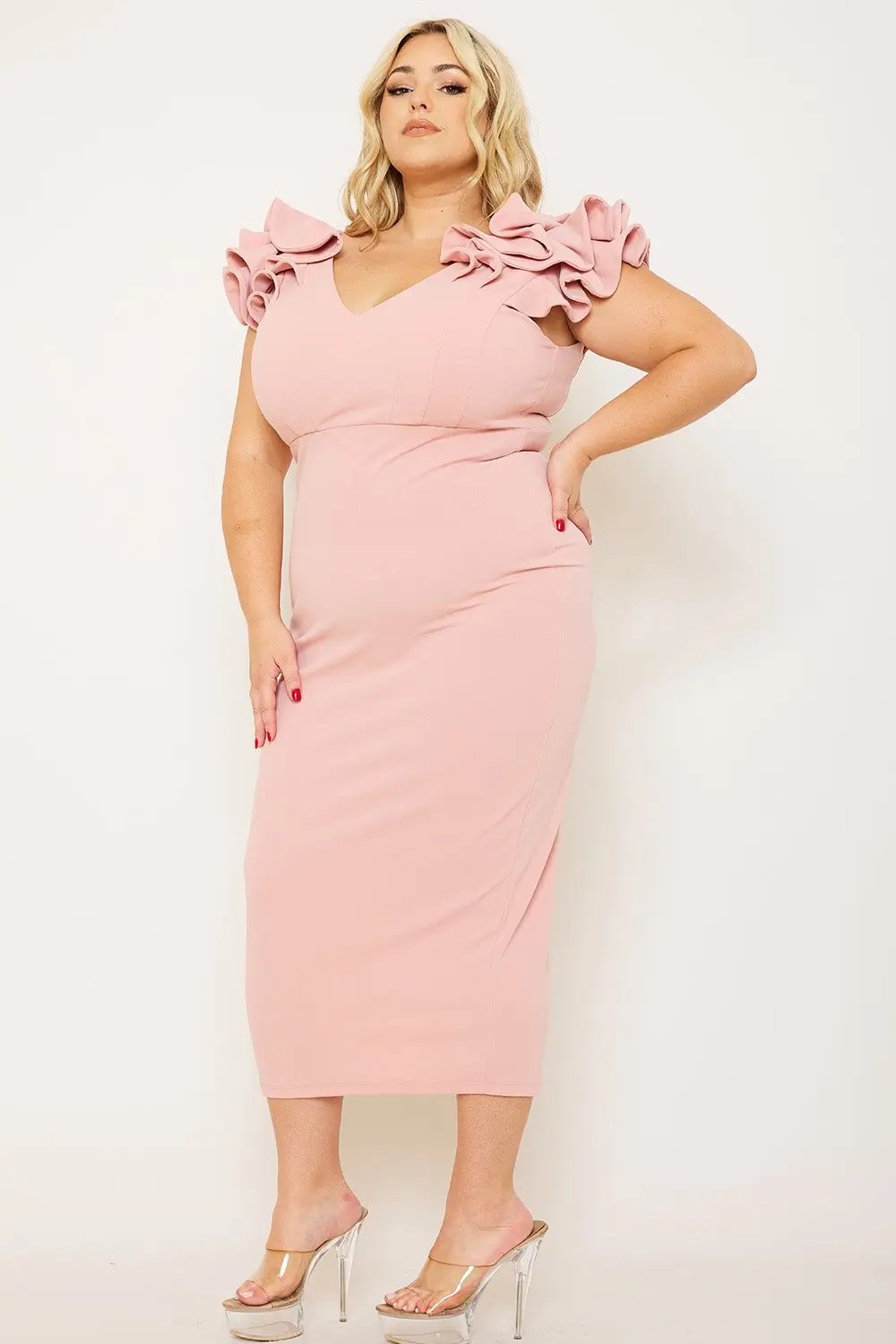 Plus Size Midi Dress – Elegant V Neck Ruffle Shoulder Detail BOUTINIE