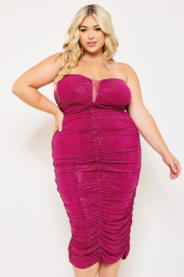 Plus Size Midi Dress - Sequin Sweetheart Neckline with Mesh & Ruched Detail BOUTINIE