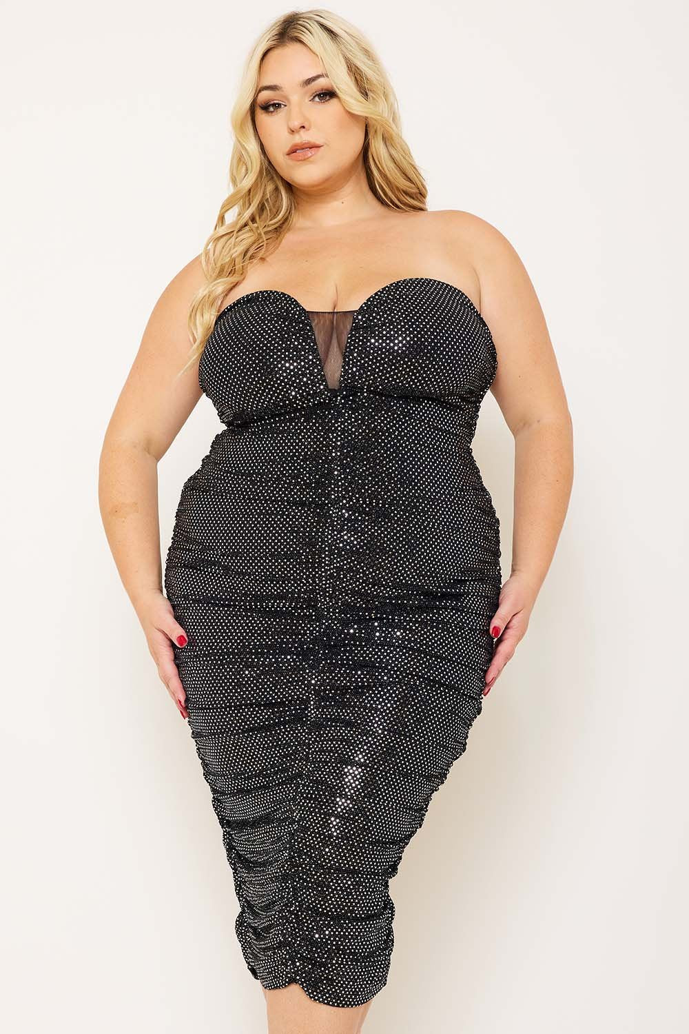 Plus Size Midi Dress - Sequin Sweetheart Neckline with Mesh & Ruched Detail BOUTINIE