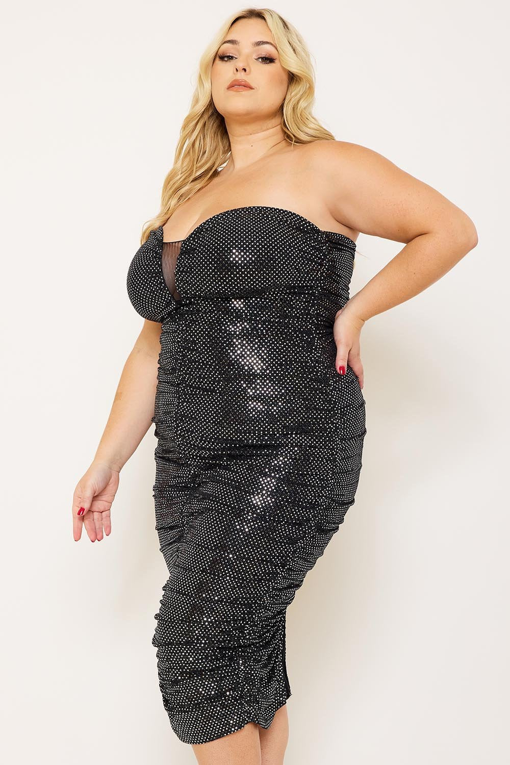 Plus Size Midi Dress - Sequin Sweetheart Neckline with Mesh & Ruched Detail BOUTINIE