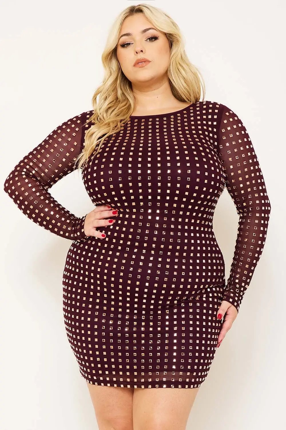 Plus Size Mini Dress - Square Neck Rhinestone Party Dress BOUTINIE