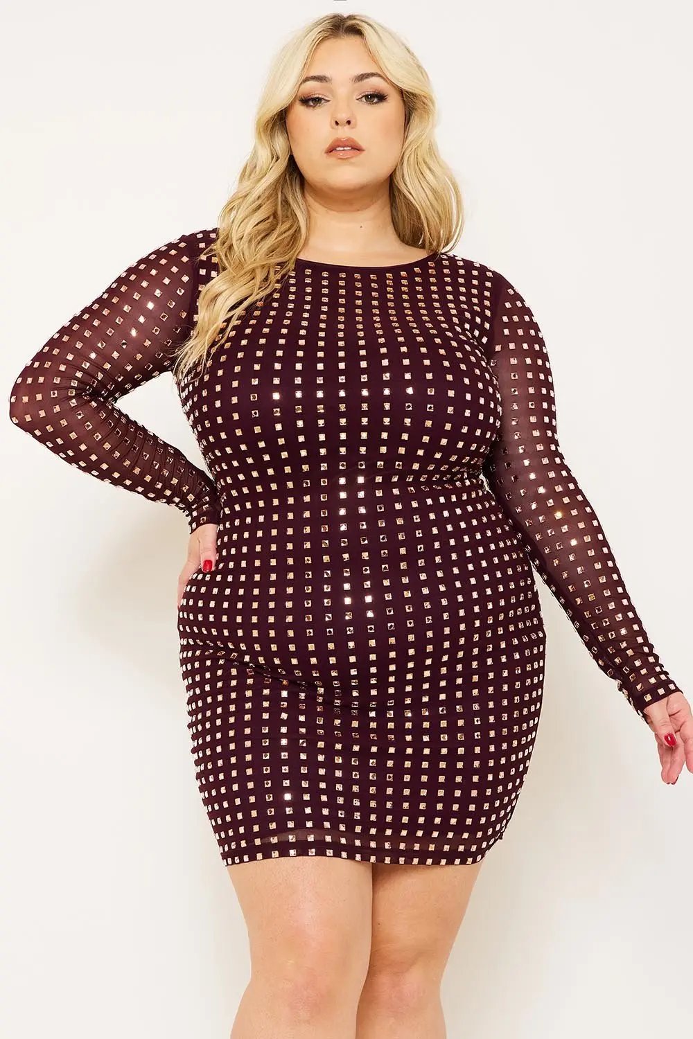 Plus Size Mini Dress - Square Neck Rhinestone Party Dress BOUTINIE