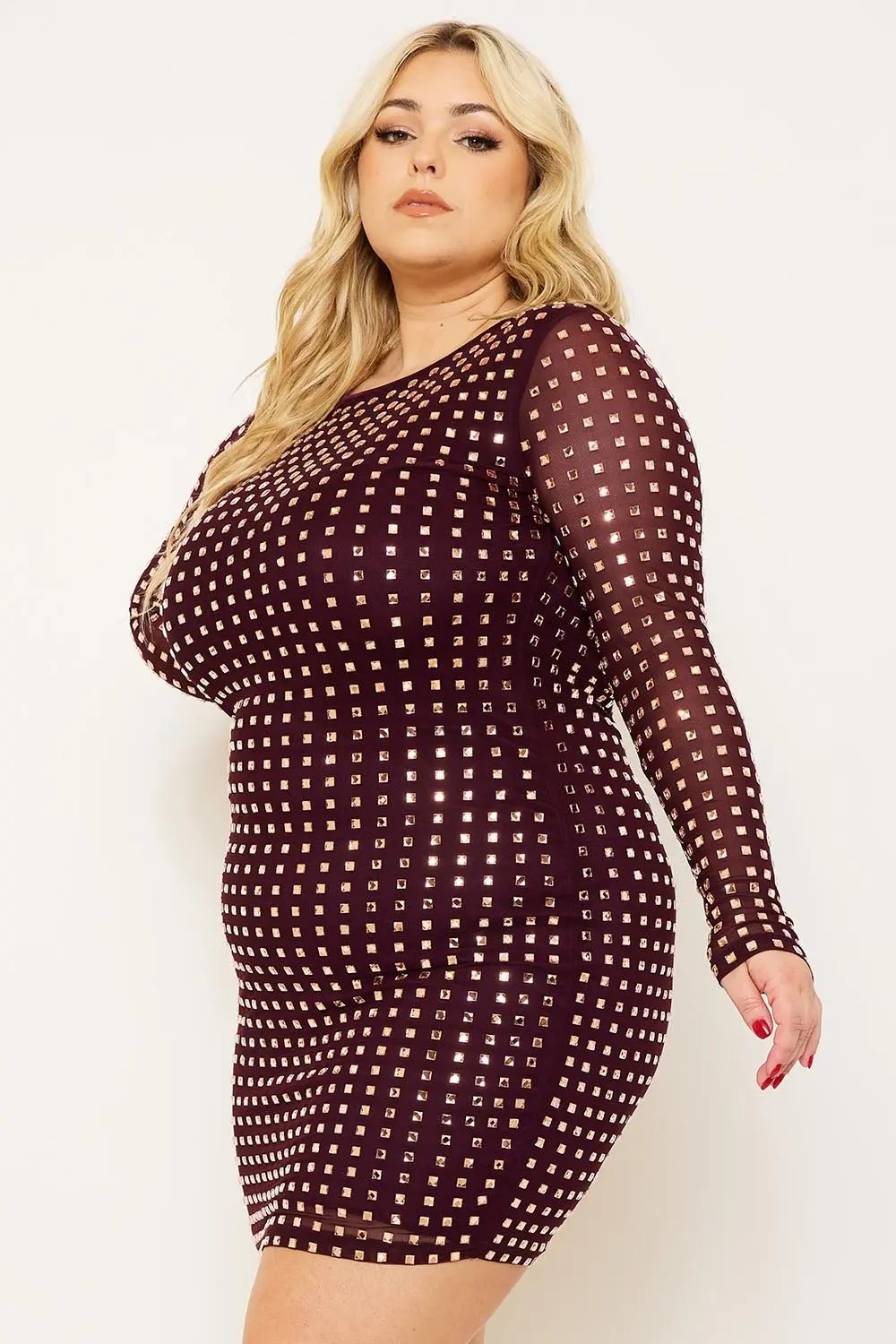 Plus Size Mini Dress - Square Neck Rhinestone Party Dress BOUTINIE